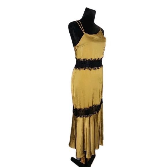 Zara Satin Contrast Slip Camisole Midi Dress Sheer Lace Panel Olive green Xs - Picture 3 of 11